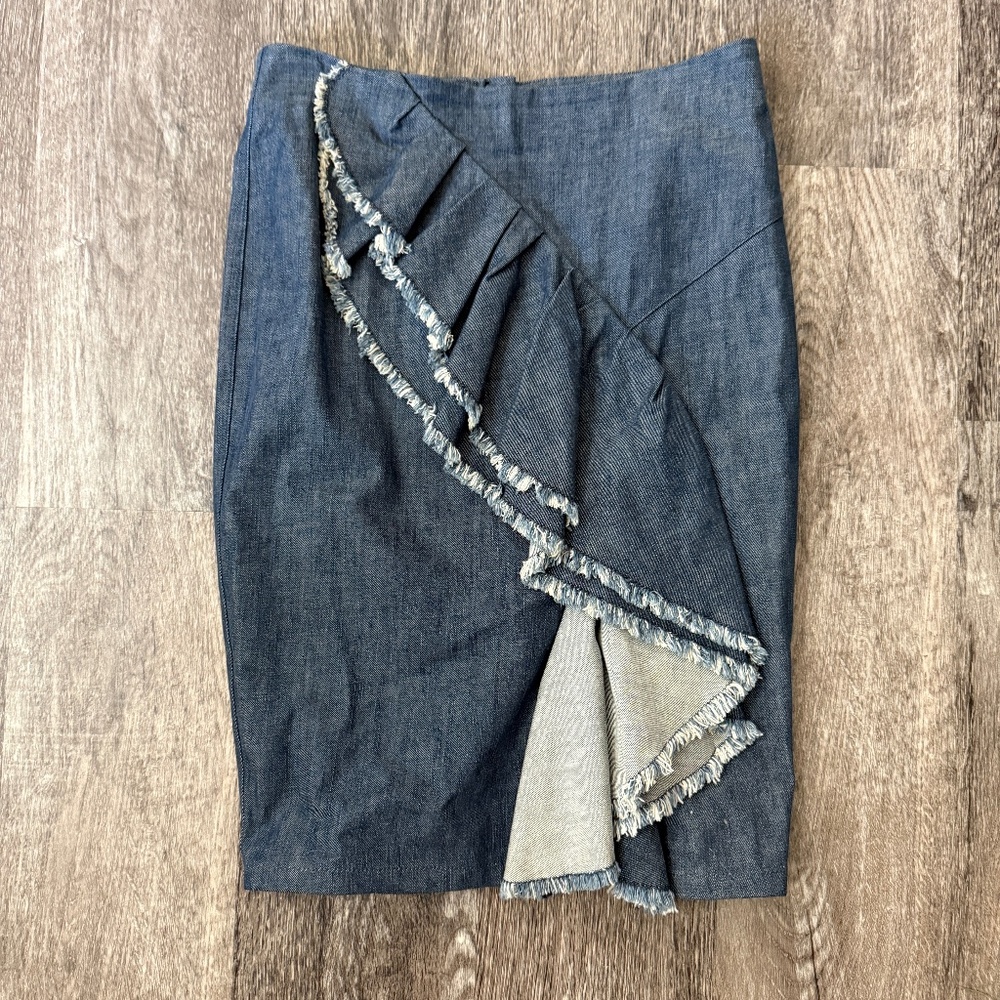THAKOON Ruffle Jean Denim Raw Hem Skirt 6